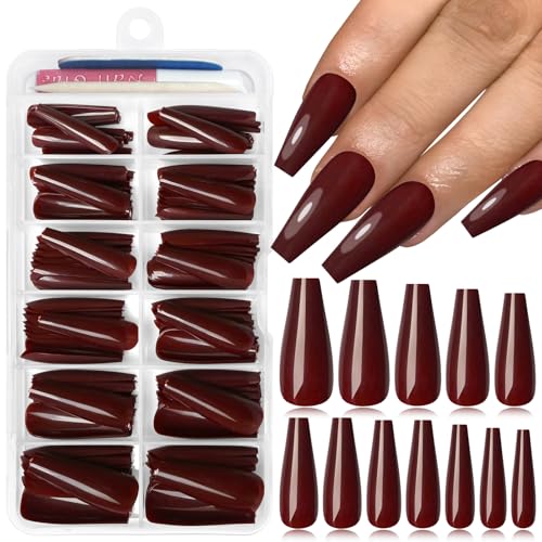 Lifextol Long Coffin Press on Nails - 120 Pcs Burgundy Glossy Fake Nails Kit