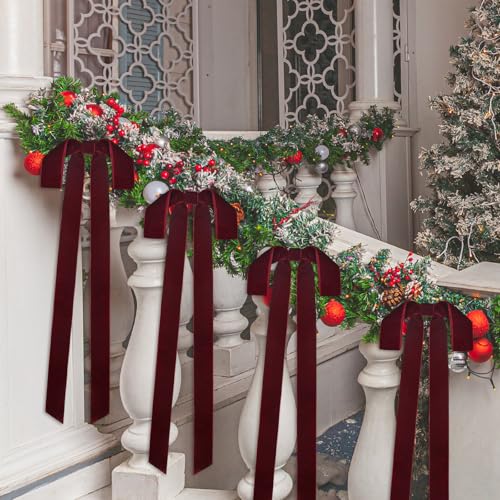 Christmas Velvet Wreath Bows 8 Pcs Large Burgundy 24x12 Inch Rustic Holiday Decor