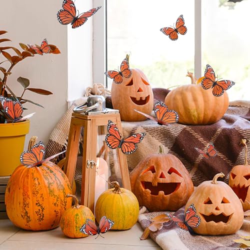 Nelisylux Orange Monarch Butterfly Decorations 12 Pack - Day of the Dead & Halloween Wall Decor, 3 Sizes