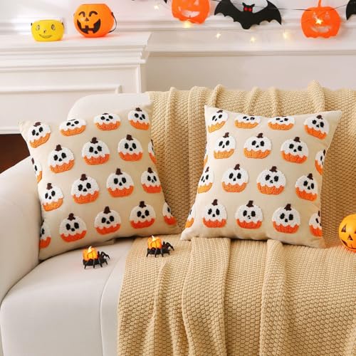 Halloween Ghost Pumpkin Pillow Covers Set of 2 - 18x18 Beige Velvet