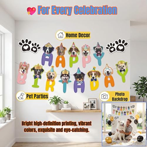 Dog Birthday Banner with 13 Adorable Faces & Paw Prints