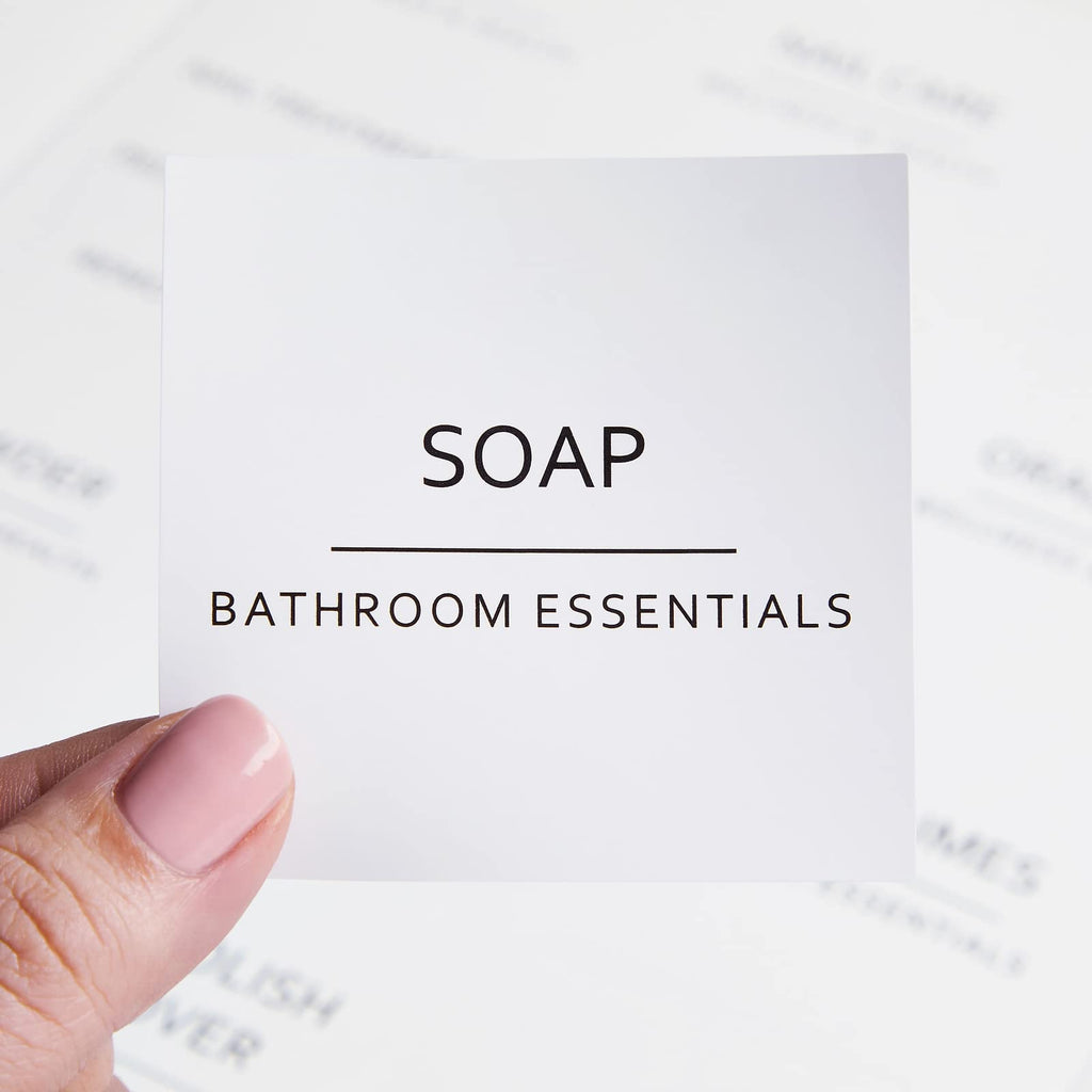 Talented Kitchen Minimalist Bathroom Labels for Organizing - 174 Labels, 2.5" x 2.5" & 2.5" x 0.75", Black on White - Stickers for Jars & Bottles - Water-Resistant for Medicine Cabinet