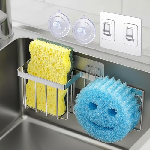 LANDNEOO Silver Sink Sponge Holder with 2 Mounting Options - Rustproof Kitchen Organizer