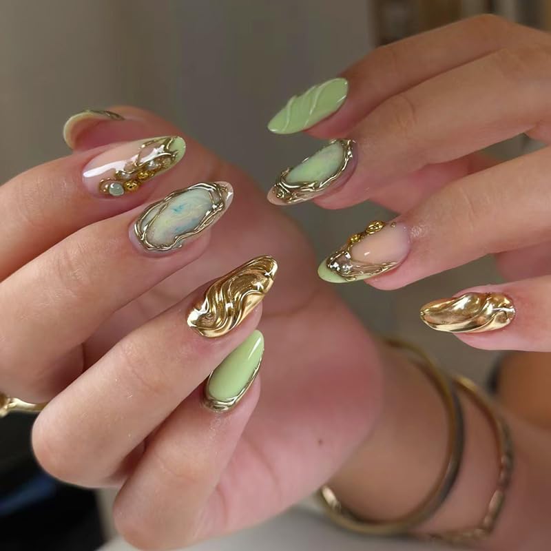 Light Green Press on Nails Medium Almond 3D Gilding Acrylic False Nails