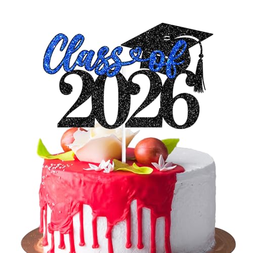 Class of 2026 Graduation Cake Topper - Black & Blue Glitter