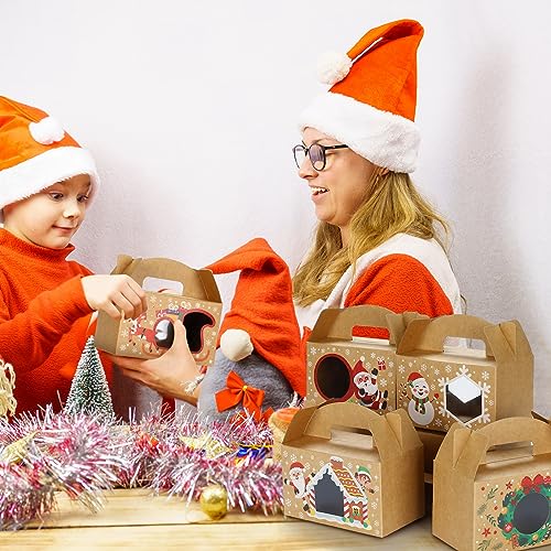 Christmas Treat Boxes with Window - 24 Pack, Gable Design, Handle, 6 Styles, 6 x 3.5 x 3.5 Inches