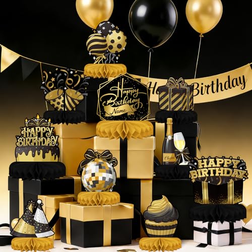 Black Birthday Decorations Set - Black and Gold Honeycomb Centerpieces