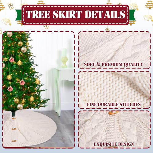 48 Inch White Knitted Christmas Tree Skirt - Cream Toggle Buttons - Holiday Decor