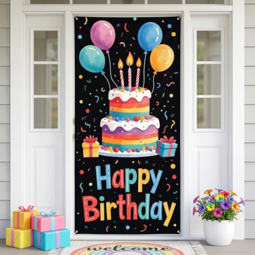 Happy Birthday Banner Backdrop, Colorful Cake Party Decor 35.4x70.9 Inch