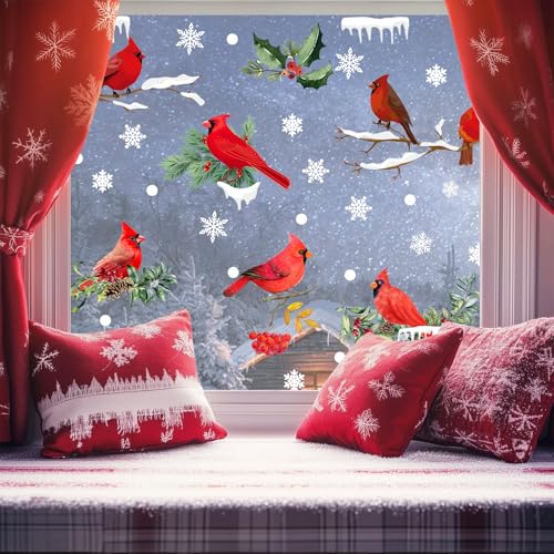Winter Cardinal Window Clings 150 pcs Holiday Christmas Red Bird Glass Stickers with Branches & Snowflakes - Red