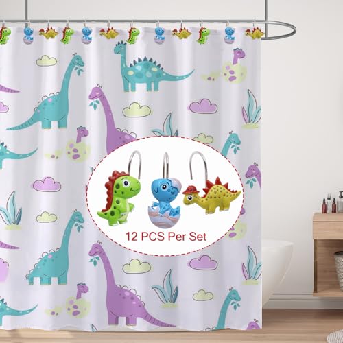 Dino Shower Curtain Hooks - Cute T-Rex Bathroom Decor (12 PCS)