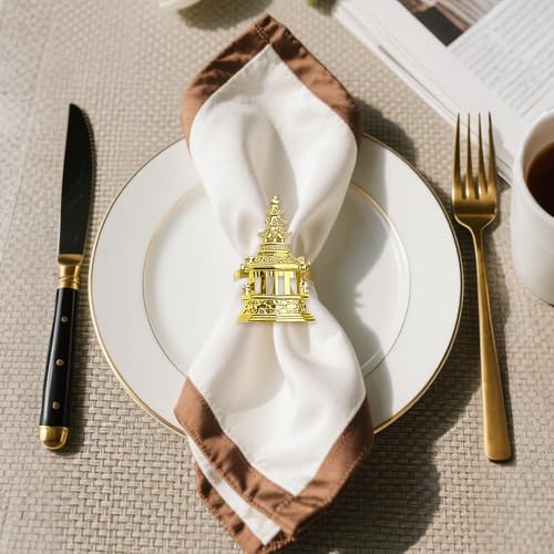 Gold Chinoiserie Pagoda Napkin Rings Set of 12 - Asian Tower Table Decor
