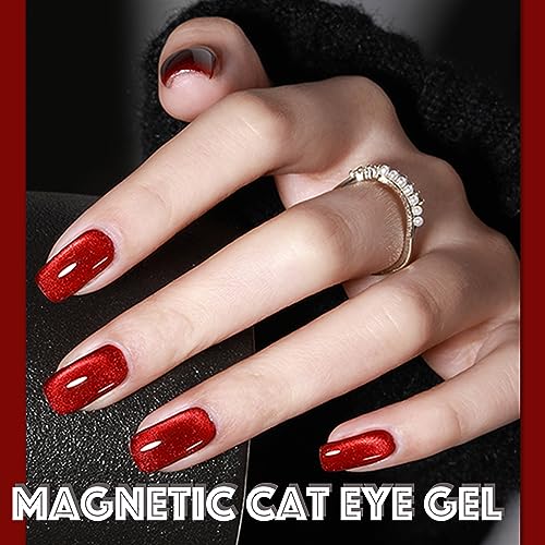 AHAMIOU Ruby Red Cat Eye Gel Polish Set with Magnetic Stick