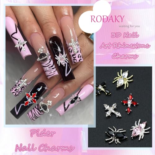 RODAKY 12Pcs Cross & Spider Nail Art Charms with Colorful Rhinestones
