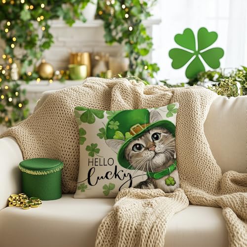 St. Patrick's Day Decorative Pillow Cover 18x18 Inch - Cat Clover Design