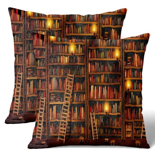 18x18 Inch Linen Throw Pillow Covers Set - Vintage Library Design