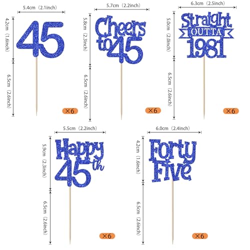 30PCS Glitter 45th Birthday Cupcake Toppers - Cheers to 45 Years