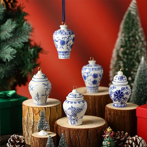 12 Pieces Christmas Blue and White Chinoiserie Ginger Jar Ornaments - Retro Style