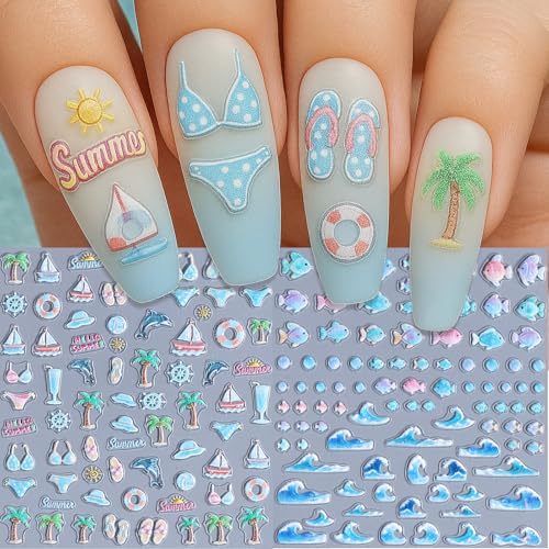 IDDFEVE 5D Embossed Summer Nail Stickers - Tropical Beach Palm Tree & Wave Decals (2 Sheets)