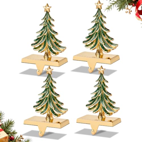Green & Gold Christmas Stocking Holders Set of 4 Holiday Mantle Decor