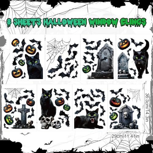 DERAYEE 8 Sheet Halloween Window Clings - Black Cat & Bats
