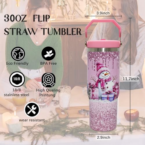 Pink 30oz Christmas Tumbler with Handle & Straw - Snowman Insulated Drinkware