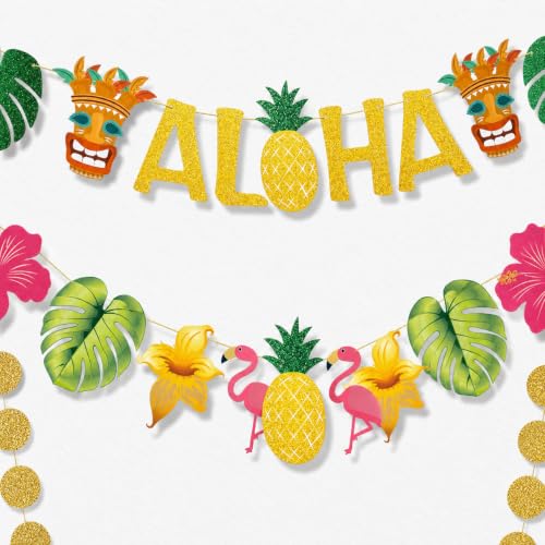 Tropical Aloha Party Banner Set with Gold Glitter Flamingo & Pineapple