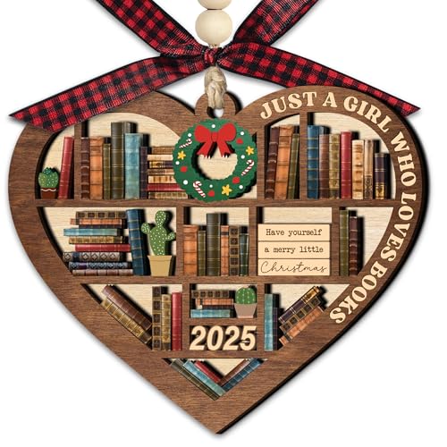 2025 Heart Bookshelf Ornament for Book Lovers | Wooden Keepsake