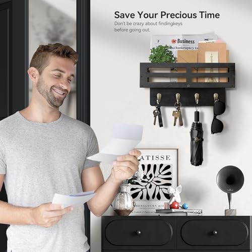 KISENG Rustic Wall-Mounted Key and Mail Holder, 10.2-Inch Black Key Rack