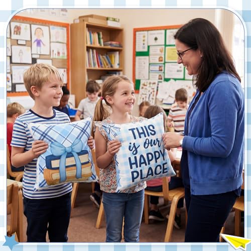 Tranqun Back to School Pillow Covers - 2 Pack 18x18 Inch Blue Gingham