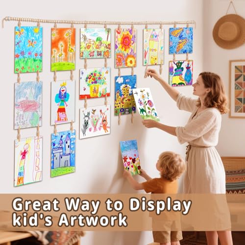 Kids Artwork Display Wood Bead Garland - 65" Hanging Photo Wall Decor