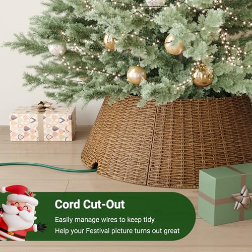 Wicker Christmas Tree Collar 28 Inch Woven Tree Base Cover Brown - Modern Holiday Decor