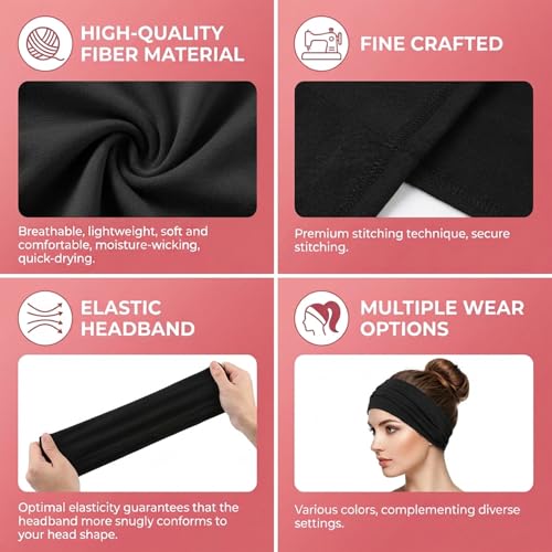 Gemoioio 3-Pack Non-Slip Wide Headbands for Women - Stretchy Boho Hair Bands for Yoga, Workout and Skincare