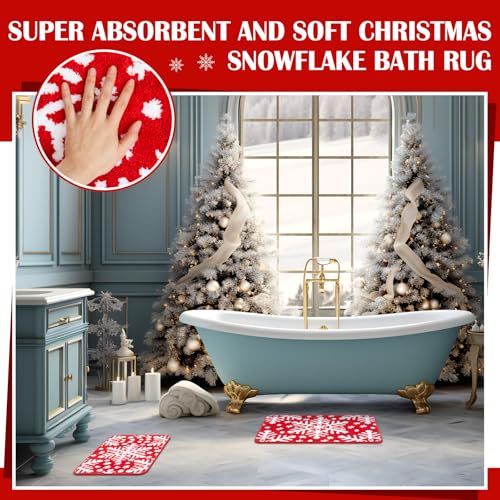 Nuanchu Christmas Snowflake Bathroom Rug Set - Red Non-Slip Holiday Bath Mats