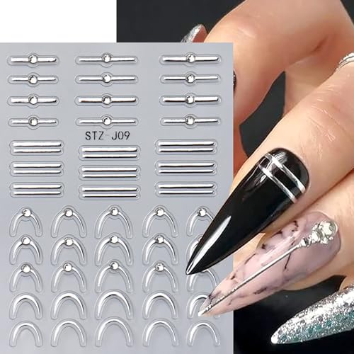 5D Embossed French Tip Silver Nail Stickers with Crystal Rhinestones 3 Sheets