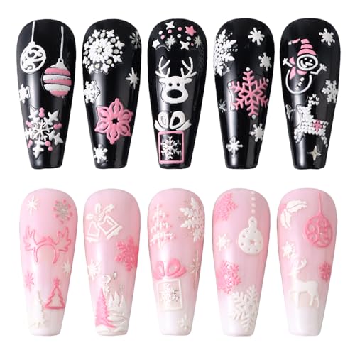 5D Embossed Christmas Nail Art Stickers - 8 Sheets Winter Snowflake Decals