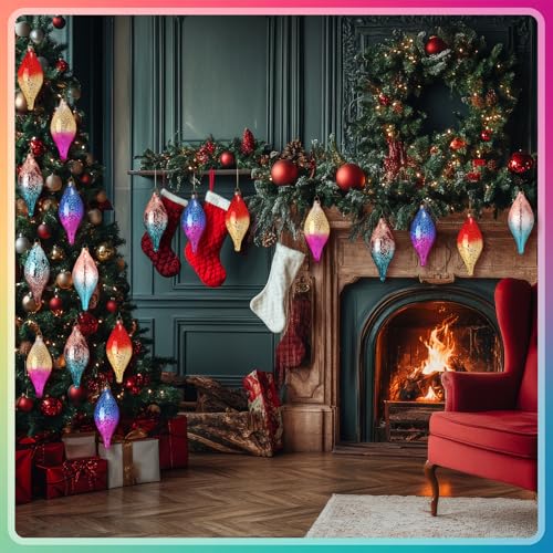 Colorful Neon Glass Christmas Ornaments Set - Mercury Glass Finials with Gradient Finish, 6 Pack