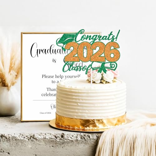 2026 Graduation Cake Topper - Green & Orange Glitter Decor