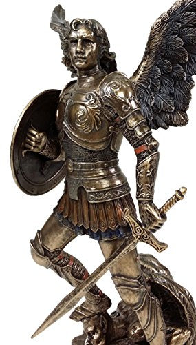 Religious Saint Michael and Gabriel Statues Set - Hand Painted Bronze Finish, 9 1/4 Inch Tall
