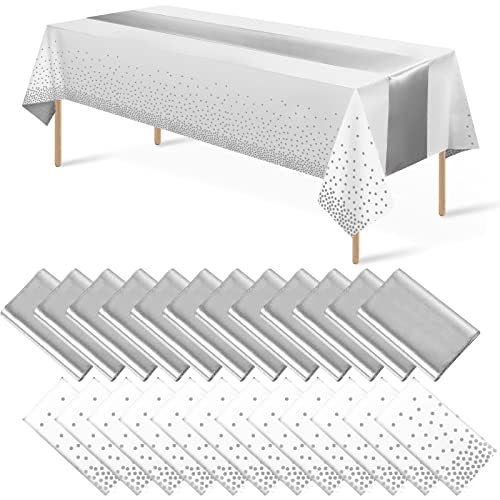 White and Silver Confetti Dot Plastic Tablecloth & Satin Table Runner Set - 24 Pack