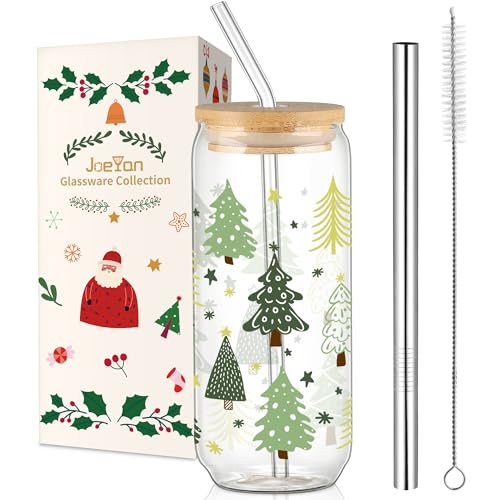 Christmas Glass Tumbler with Lid & Straw - Green Tree Xmas 20oz Style 1