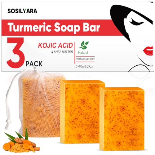 SOSILYARA Turmeric Kojic Acid Soap Bars 3-Pack with Foaming Mesh - SLS-Free