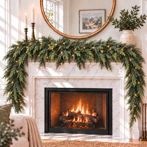 9 FT Lighted Cedar Garland with Warm White LEDs - Real Touch Artificial Greenery for Holiday Decor