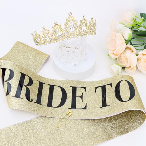 Bride to Be Gold Crown and Sash Set Rhinestone Tiara Party Gift