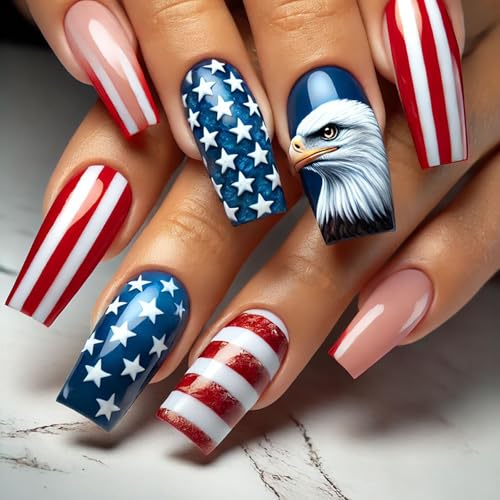 ASABITE Independence Day Long Coffin Press On Nails - 24 Pcs Patriotic Fake Nails with Star and Stripe Design