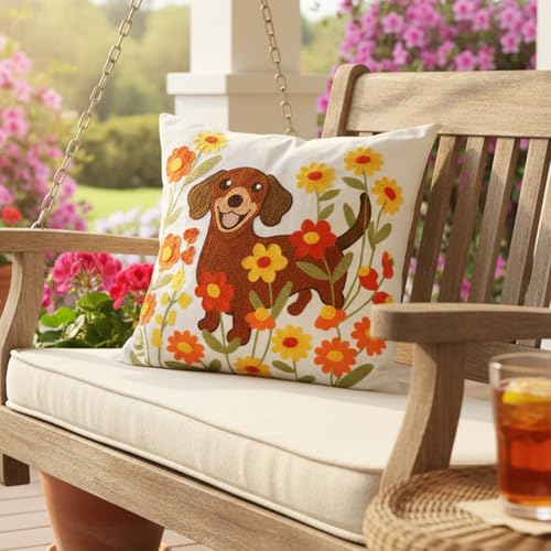 QIONG MENG Dachshund Pillow Cover 18x18 Inch Weiner Dog Embroidered Fall Decor