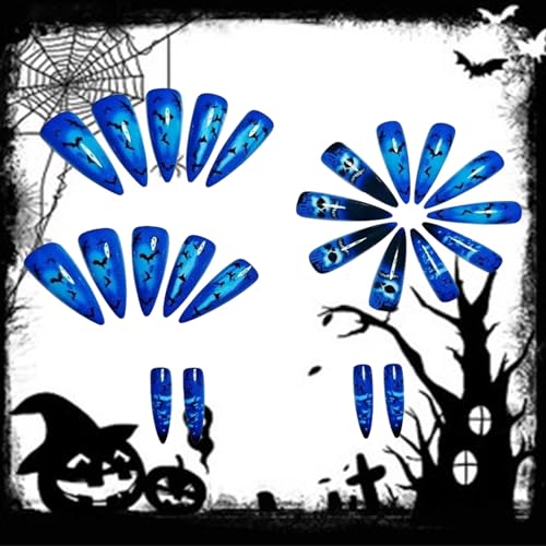 Halloween Press on Nails Long Almond Blue Skull Bat Acrylic False Nails