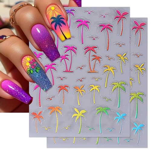 IDDFEVE Summer Palm Tree Nail Art Stickers - Sunset Coconut Tree Self-Adhesive Decals