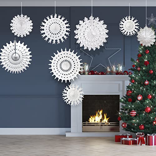 Christmas Snowflake Decorations Set of 16 - Winter Holiday Hanging Paper Snowflakes with String, Mixed Sizes 7.8-20 inches