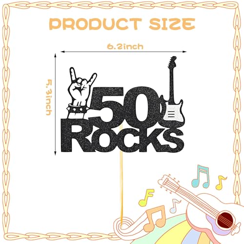 50th Birthday Cake Topper - Black Glitter Rock Guitar Decor